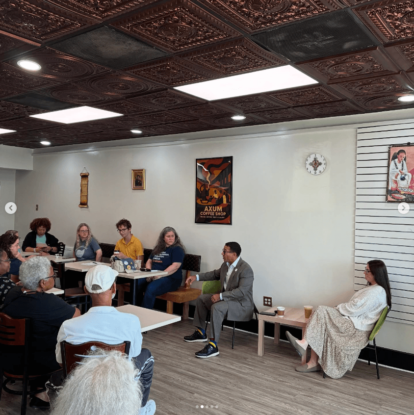 Warm and welcoming Axum Cafe interior with traditional Ethiopian decor