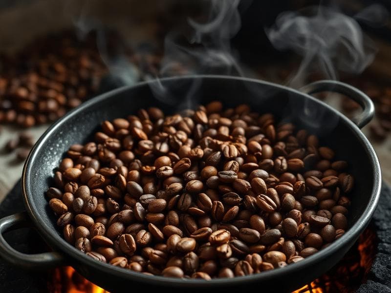 Ethiopian coffee beans being roasted in a traditional pan